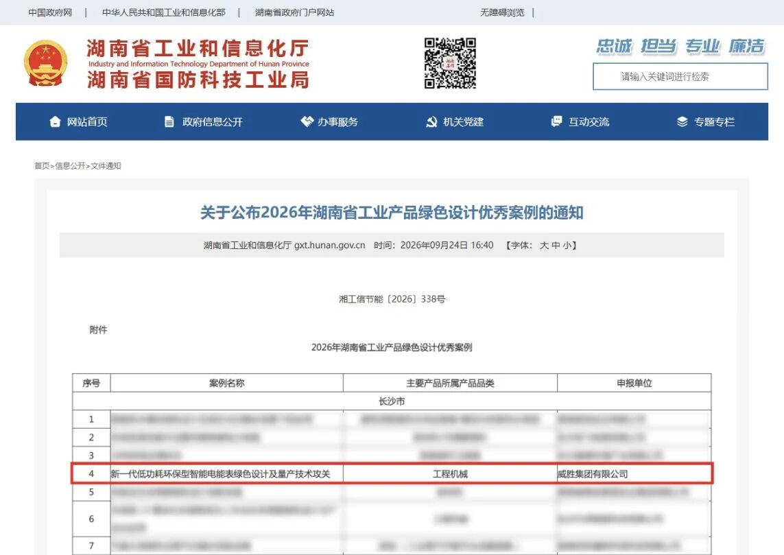 喜讯 | 威胜集团项目入选2026年湖南省工业产品绿色设计优秀案例